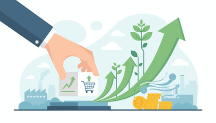 Conceptual illustration of business growth and financial success, with a hand placing a cube featuring a growing graph and shopping cart icon, symbolizing economic progress, investment, and