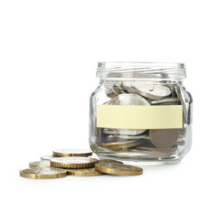 Jar with blank note and money isolated on white