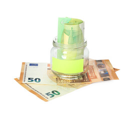 Jar with blank note and money isolated on white