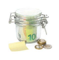 Jar with blank note and money isolated on white