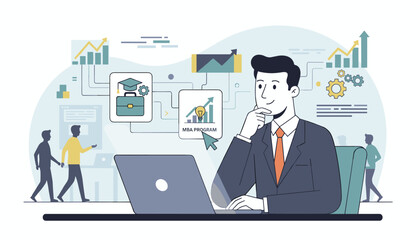 Fototapeta premium A thoughtful businessman in a suit sits at a laptop, contemplating an MBA program, with icons representing career growth, education, and business strategy surrounding him, symbolizing professional