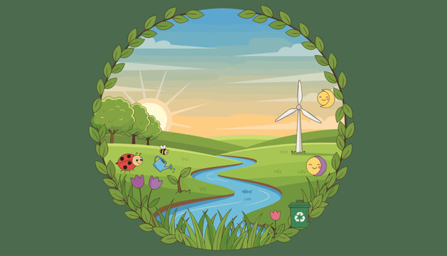 Charming cartoon illustration of a vibrant green landscape at sunrise, featuring a winding river, rolling hills, trees, flowers, a ladybug, a bee watering a plant, a wind turbine, a recycling bin
