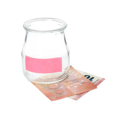 Jar with blank note and money isolated on white