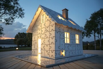 House made of puzzle pieces on a wooden platform at dusk, conceptual image