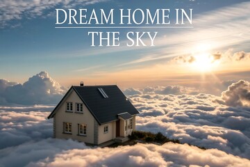 Dream home in the sky, house above the clouds at sunset, concept