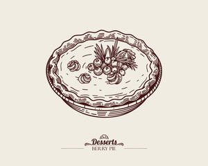 Berry pie decorated with meringue and currants. Cream filled tart. Homemade dessert, vector linear illustration.
