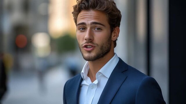 A man dressed in a blue suit and white shirt, possibly for business or formal occasion