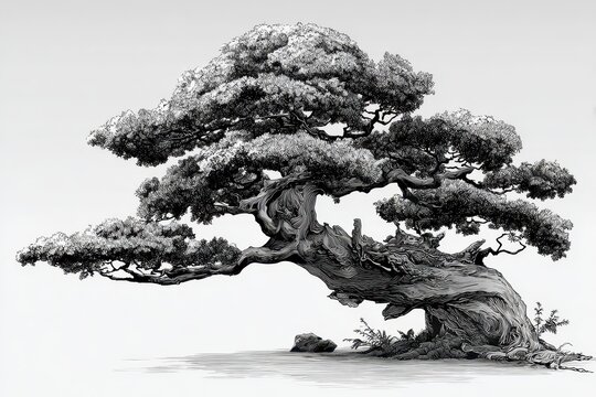 Elegantly Crafted Bonzai: An Artistic Illustration of Japanese Nature in Black and White