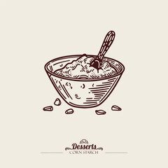 Glass bowl with cornstarch and grains. Plate with powder and spoon in it, vector line art illustration.