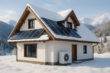 Energy Efficient House in Winter with Solar Panels and Heat Pump