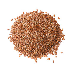 Pile of flax seeds isolated on white, top view