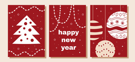 New Year's vector posters with hand-drawn Christmas trees, decorative holiday balls and garlands in flat style in red, white and beige colors.