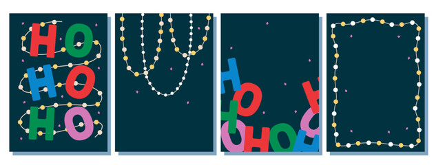 Greeting cards and invitations with space for text and vector decorative Christmas elements and colorful letters on a dark blue background in flat style.