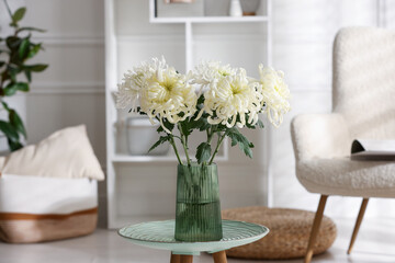 Beautiful white chrysanthemum flowers in vase on coffee table indoors