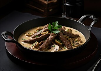 Fototapeta premium Classic beef stroganoff with mushrooms in a creamy sauce served in a cast iron skillet dish