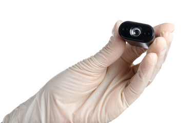 Woman with hidden spy camera on white background, closeup