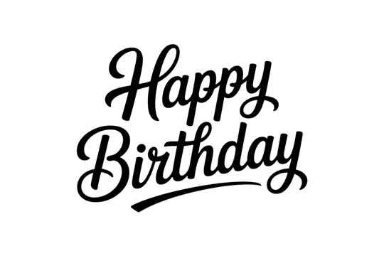 Black happy birthday cursive text on a white background with elegant flourishes and decorative typography design