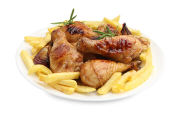 Grilled chicken drumsticks with french fries and spices isolated on white