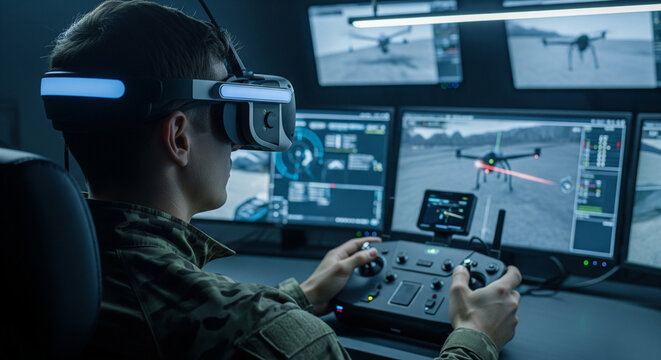 Soldier drone operator wearing virtual reality glasses hits drone at target during training, rear view