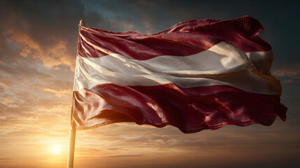 Latvian flag waving in wind at sunset symbolizing freedom unity and pride on Independence Day of Latvia