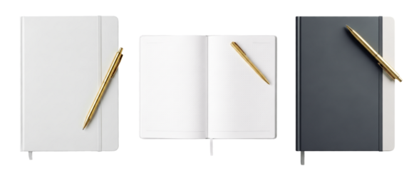 Three Notebooks with Gold Pen, One Open with Dot Grid
