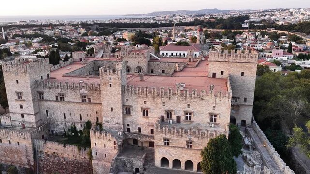 Palace of the grand master of the knights of rhodes Greece is captured from above in an aerial view