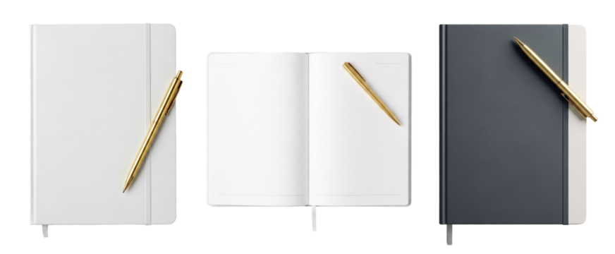 Three Notebooks with Gold Pen, One Open with Dot Grid