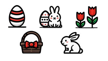 Obraz premium Easter vector icon set with eggs rabbits and spring flowers in flat outline style