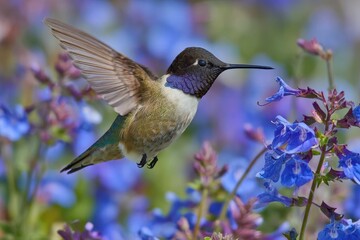 Fototapeta premium Male Black-Chinned Hummingbird Hovering Gracefully While Seeking Nectar From Vibrant Blue Blossoms