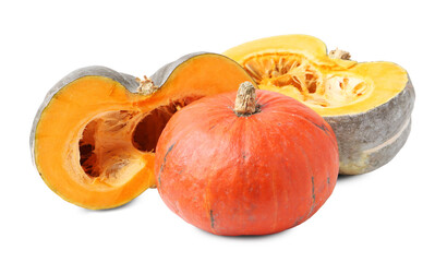 Whole and cut pumpkins isolated on white. Gourd family