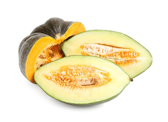 Fresh cut pumpkin and melon isolated on white. Gourd family