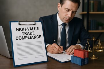 A businessman with a high-value trade compliance document for the concept of law and industry.