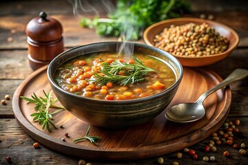 Bowl of lentil soup with herbs and spices on a wooden background