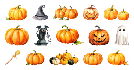 Halloween pumpkins, ghost, witch hat.