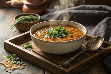 Bowl of lentil soup garnished with fresh parsley on a wooden tray