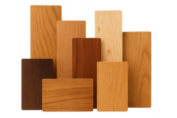 Wood material samples demonstrating various timber types with different grains and natural colors on transparent background