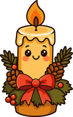 Cute kawaii-style candle with a red bow and holly leaves, perfect for Christmas and holiday-themed designs.