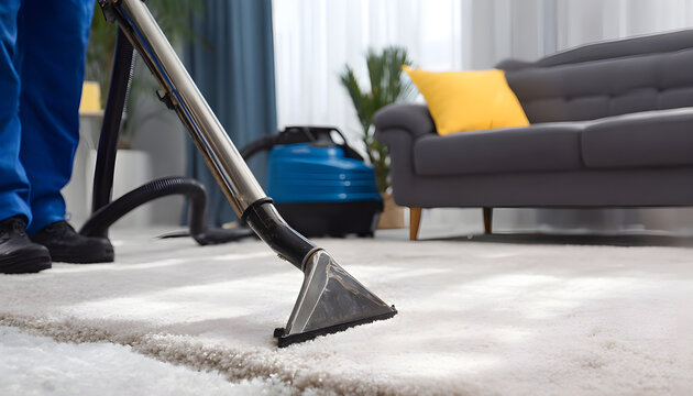 Medium shot of a professional using hot water extraction on a carpet lifting deepseated dirt and grime efficiently for a fresh clean finish.