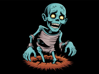 Scary cartoon zombie out of the grave. Creepy undead character. Halloween zombie character for Halloween party , poster, card, banner, spooky design, digital art. Undead monster. Vector illustration