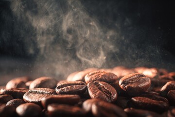 Freshly Roasted Coffee Beans Releasing Aromatic Steam in a Dark Setting