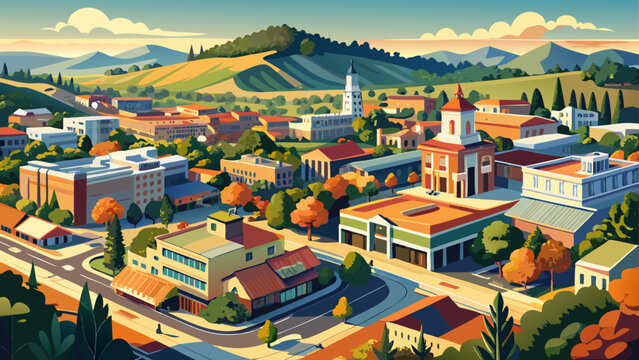
Very beautiful, afternoon aerial view of the historic downtown urban core of Novato, California, USA, city streets, historic buildings, parks, rooftops, bustling activity, and scenic suburban landsca