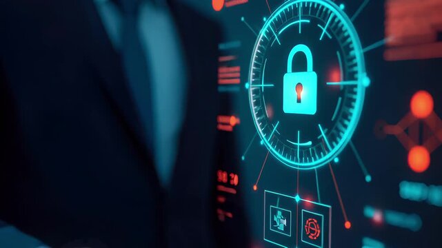 Internet data privacy information security concept. Antivirus and malware defense. Businessman pressing virtual button key with Padlock icon