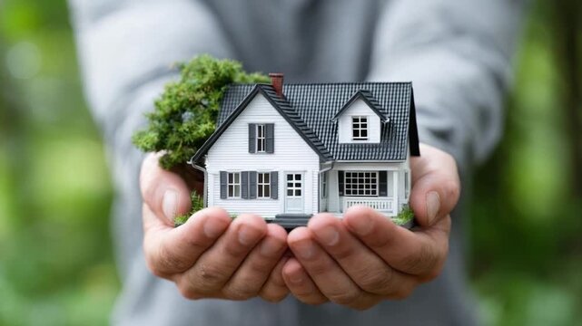 A person holding a tiny model house in their hands, with a small tree beside it.