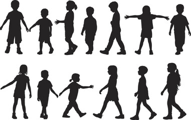 Silhouettes of children walking, standing, holding hands, playful poses, child development, family lifestyle, social interaction, posture study, vector illustration
