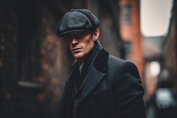 Retro Gangster Vibe: Young Man Embracing Peaky Blinders Style on Urban Streets
