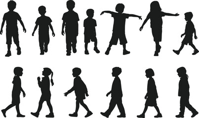 Silhouettes of children walking, standing, playful poses, child development, family lifestyle, posture study, gesture variation, social interaction, vector illustration