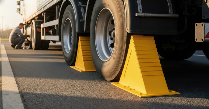 Truck wheel chock prevents movement of heavy vehicle, providing safety on slope. Truck wheel chock equipment protects from unwanted rolling during maintenance.