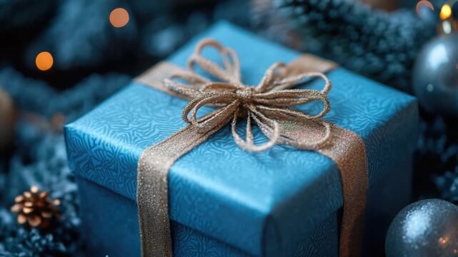 A blue gift box tied with a brown ribbon, perfect for special occasions and presents