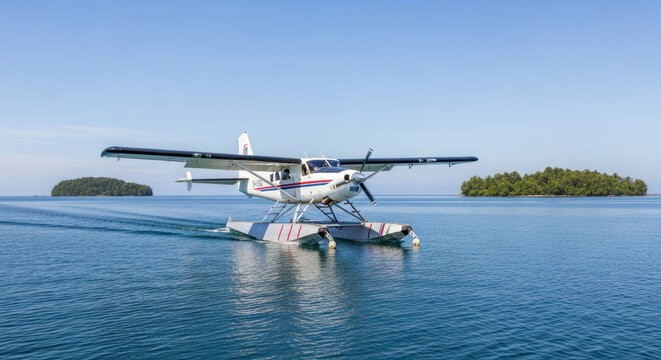 Seaplane on water under clear sky showcases aviation, transport, and technology. Seaplane is perfect for island hopping and scenic adventures. Witness seaplane take off,