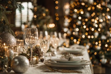 Luxurious Christmas table setting with crystal glasses, sparkling ornaments, candles, and golden bokeh lights in a festive, elegant holiday ambiance
